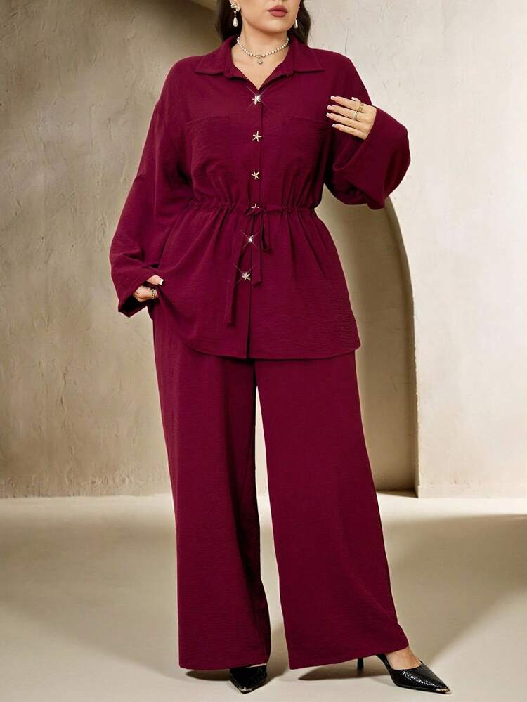 Veilorie Ensemble 2 pièces casual pour femmes grandes tailles, chemise à manches longues à simple boutonnage avec étoile de mer en métal et pantalon - Rouge foncé - Voir 4