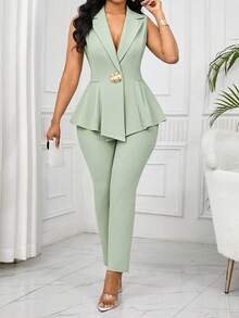 SHEIN Lady 大码女式纯色立领金属装饰荷叶边下摆背心上衣和裤子正式套装，通勤风格 - 薄荷綠 - 查看 6