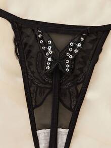 1pc Women's Sequin Mesh Butterfly Thong Panty - Black - View 4
