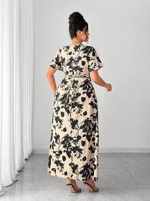 Elenzga Plus Size Women's Elegant Floral Print V-Neck Long Sleeve Waist Cinched A-Line Dress, Early Spring - Apricot - View 2