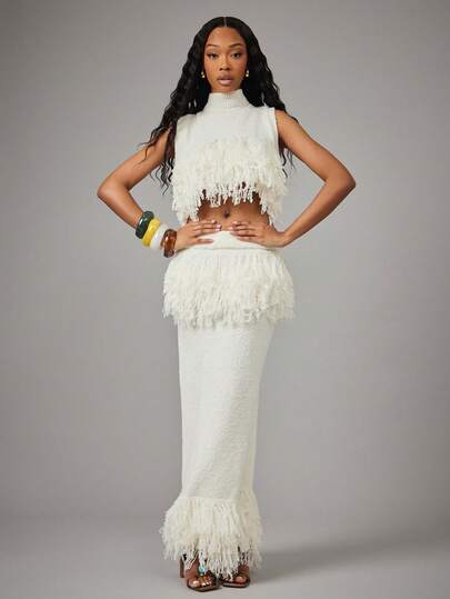 NYA SZN Conjunto de moda de top de punto sin mangas con cuello Mao y falda midi de mezcla de punto con dobladillo con flecos de unicolor para mujer