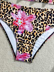 SHEIN 少女花卉豹纹吊带比基尼泳衣套装，夏季豹纹泳装，动物纹泳衣，少女豹纹泳装，两件式泳衣，豹纹吊带比基尼，花卉豹纹泳装，豹纹泳衣上装 - 彩色 - 查看 4