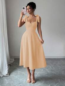 Vestido de mujer elegante y romántico con tirantes finos sin mangas, cintura ceñida con lazo y falda evasé, para Halloween, festival de música, fiesta y uso casual en otoño - Albaricoque - Ver 6