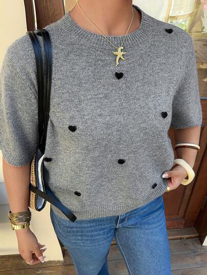 Dazy Plus Plus Size Women Heart Pattern Short Sleeve Casual Knit Top, Spring/Summer