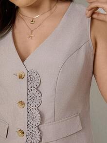 Zelara Plus Size Solid Color Lace Patchwork V-Neck Front Button Sleeveless Vest - Apricot - View 1
