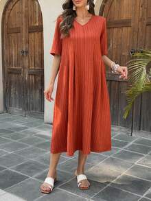 Vivie Lora Damska sukienka plisowana, luźna, teksturowana, średniej długości z dekoltem w serek - Brązowy - Zobacz 5