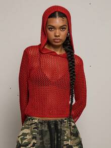 COUREZ Open Knit Hooded Top Long Sleeve /Y2K Spring Clothes For Women Street Streetwear Cute Going Out Outfits Causal Knit Party Rave Knit Cardigan Summer Trousers Summer Outfits Funnel Neck Knit - Red - View 7
