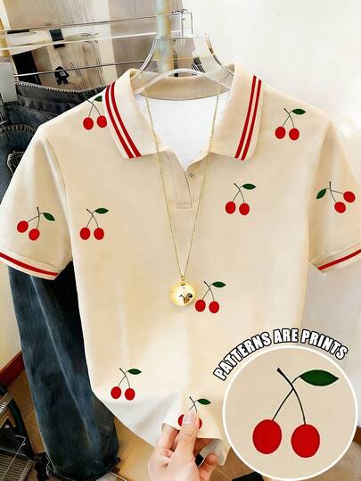 Resyla Camisa polo de manga corta casual con estampado de cerezas para mujer