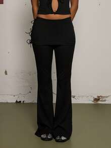 COUREZ 侧边系带喇叭裤 / Y2K 春季女装可爱性感黑色长裤外出派对狂欢夏季长裤 - 棕色 - 查看 4