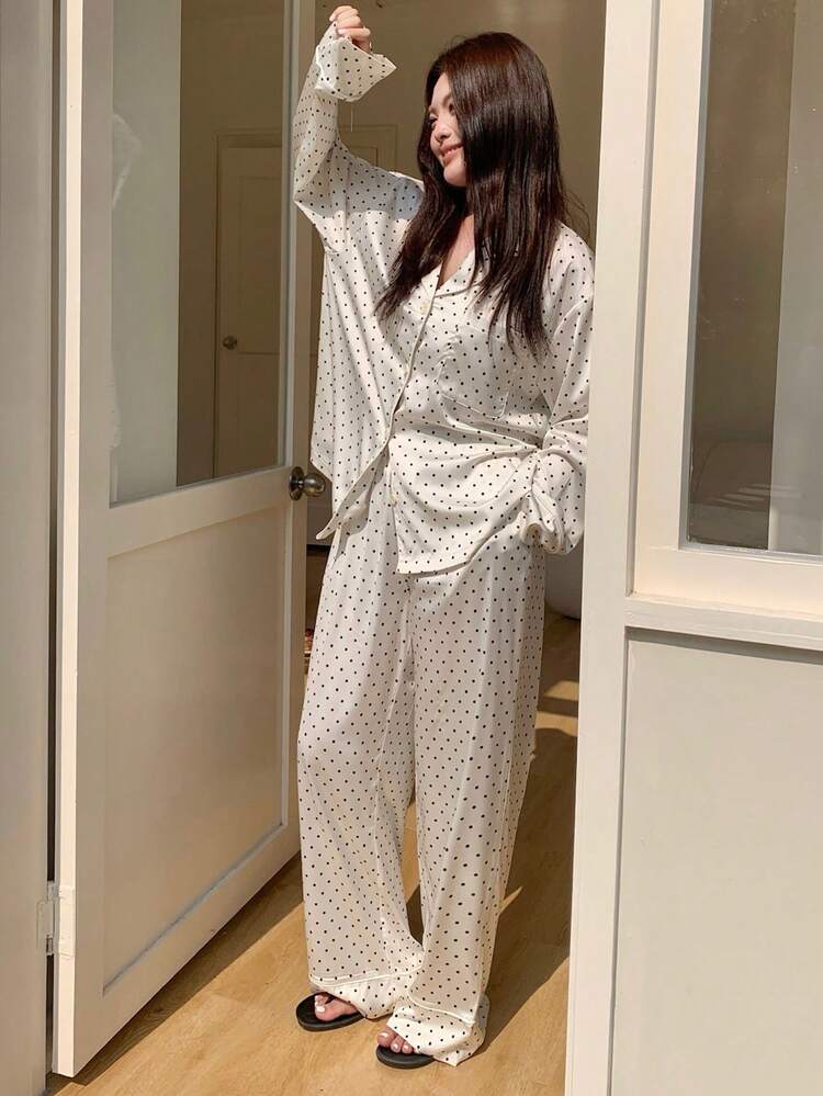 Dazy Plus Plus Size Women Polka Dot Long Sleeve Button-Up Top And Pants Pajama Set