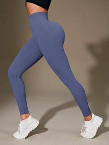 SHEIN Sports 女式高腰罗纹无缝修身打底裤 - 云朵柔软 第二层肌肤柔软度 速干透气 四向弹力打底裤 适合跑步 骑行 瑜伽 泡菜球 运动 休闲装，黑色 - 淺藍色 - 查看 6