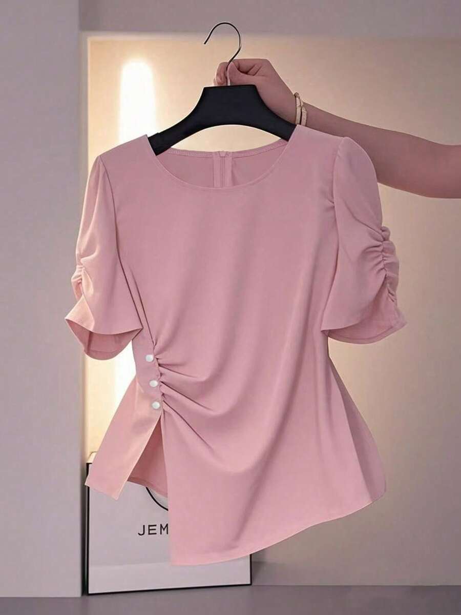 Franclia 不对称设计优雅女士圆领衬衫 - 淺粉色 - 查看 1