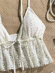 Elavelle 女士春夏提花面料吊带系带金属装饰吊带比基尼上衣 - 米色 - 查看 5