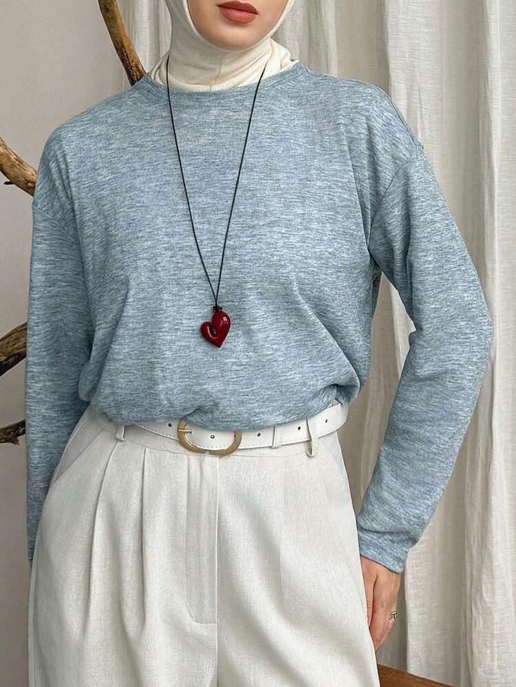 Women's Spring/Summer Casual Solid Color Loose Drop Shoulder Long Sleeve Top