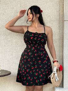 SHEIN EZwear Vestito casual a canotta con stampa di ciliegie e laccio frontale, taglie comode per donna - nero - Visualizzare 5