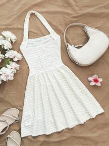 SHEIN Vestido de fiesta y salida de moda con cuello de volantes y decoración de lazo de unicolor para niña preadolescente - Blanco - Ver 2