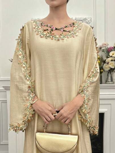 Yasmyna Vestido árabe elegante de manga larga para mujer con diseño de aplicaciones y cruce de tiras