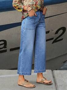 EMERY ROSE 女士休闲日常通勤百搭拼接口袋宽松阔腿牛仔裤 - 藍色 - 查看 3