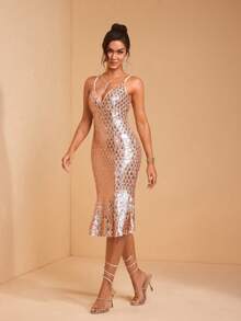 JIAN LASALA V Neck Spaghetti Straps Patterned Sequin Mesh Mermaid Hem Party Dress Women Short Sexy Dress Black Sequin Midi Dress Sparkly Cocktail Dress Glitter Dress Sleeveless Midi Dress Black Sequin Dress Sparkly Dress Midi Cocktail Dress Sequin Dress Luxury Stylish Clothing Collection Elegant - Khaki - View 3