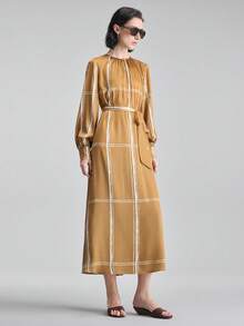 Ontre 2026SS New Striped Print Belted Dress, Fashionable Versatile For Spring/Summer - Brown - View 4
