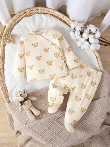 新生儿长袖开衫和连脚裤套装（2件套），可爱小熊印花，针织面料家居服 - 卡其色 - 查看 2
