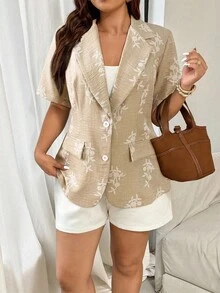 Vionelle 大码女式法式休闲优雅刺绣印花西装外套，女士度假短袖西装外套，夏季款 - 杏色 - 查看 1