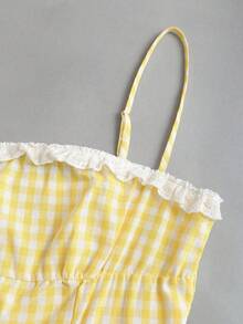 Sweetra Sweet & Alluring Series A-Line Contrast Lace Waist Cinching Spaghetti Strap Dress, Elegant French Style, Spring/Summer - Yellow - View 3