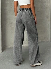 EURMUSE WOMEN Elastic Waist & Belted Cargo Denim JEANS MID WAIST - Grey - View 2