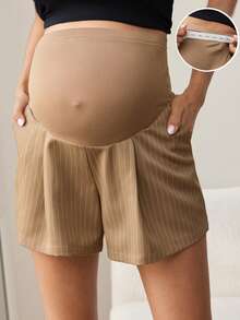 MaterniWear Sommer Frauen Büro, Business Umstandsmode Elegante Lässig gestreifte Muster Taschen Shorts, Old Money Stil, Pendler Shorts - Khaki - Übersicht 3