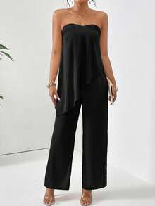 Firerie Bộ đồ thời trang 2 mảnh dành cho nữ, gồm áo quây và quần dài màu trơn, vạt bất đối xứng. - màu đen - Xem 5