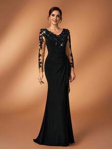 Serin 优雅奢华的珍珠钻石刺绣蕾丝贴花透视袖拼接弹力针织褶皱荷叶边鱼尾连衣裙，适合婚礼、派对、度假、新娘、新娘母亲、晚礼服等场合。 - 黑色 - 查看 4