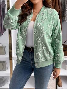 Easura Plus Size Embroidered Linen-Look Long Sleeve Jacket - Mint Green - View 6