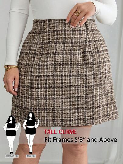 SHEIN Tall CURVE Plus Size Women High Waist Plaid Casual Woolen Plaid Skirt Casual  Skirt