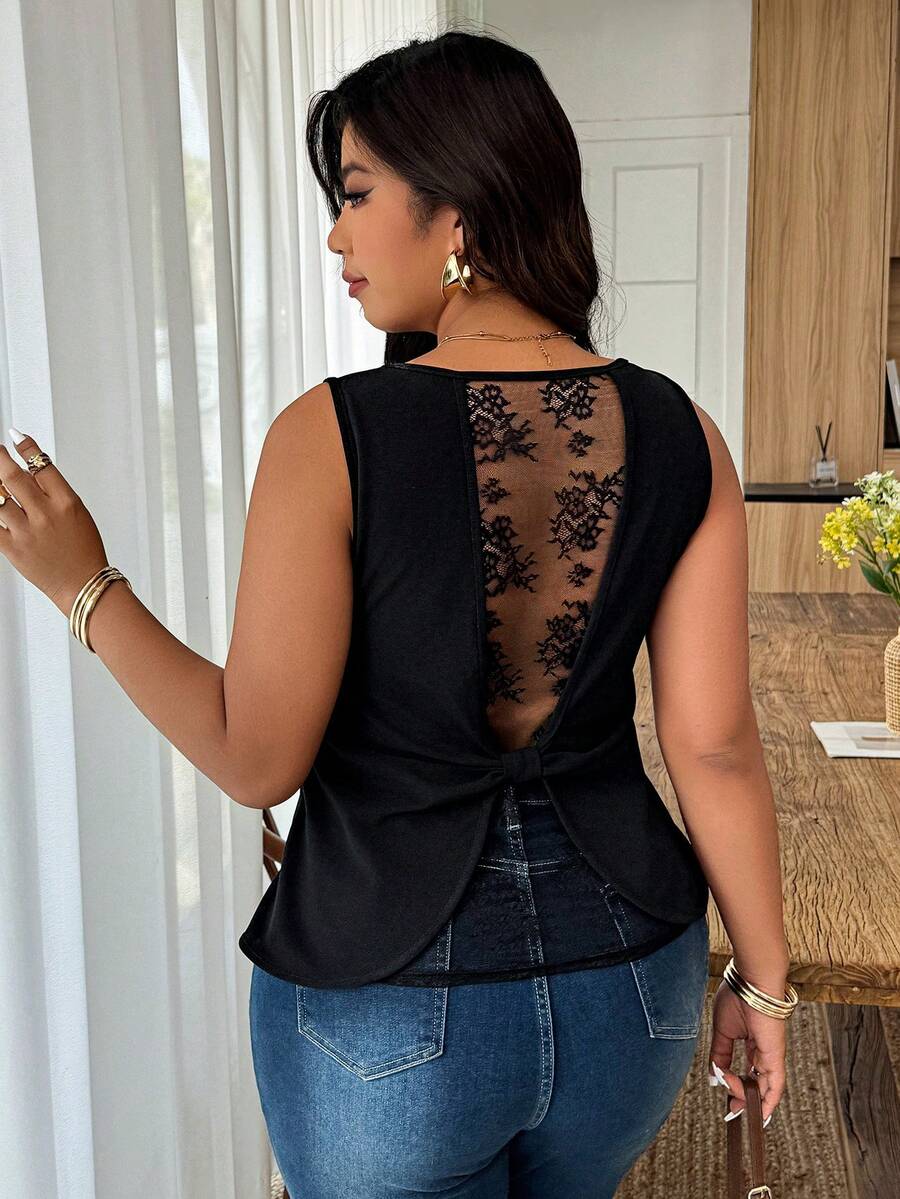 SHEIN Elenzya Camisa de tirantes casual/de trabajo con volantes en el bajo, parches de encaje y detalle de lazo para mujer talla grande, para primavera/verano - Negro - Ver 1