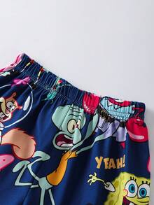 SpongeBob SquarePants | SHEIN 男童字母卡通图案圆领短袖上衣和短裤睡衣套装 - 藍色 - 查看 8