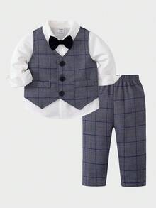 Bộ 2 món áo vest kẻ caro và quần cạp chun cho bé trai, thích hợp cho tiệc sinh nhật, lễ rửa tội, lễ kỷ niệm sinh nhật lần thứ nhất, tiệc chiêu đãi, biểu diễn, đám cưới, lễ báp têm và các dịp khác. - Xám - Xem 5
