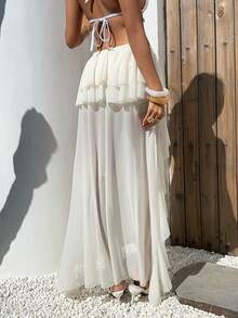 Aloruh Chân váy lưới xếp tầng bất đối xứng, thanh lịch, gợi cảm, lãng mạn, thời trang dành cho nữ, thích hợp cho kỳ nghỉ, hẹn hò, đi chơi, mùa xuân/hè. - trắng - Xem 3