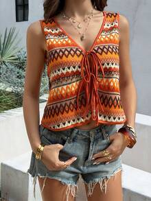 Pariaura 女士休闲性感波西米亚风彩色V领系带无袖背心，夏季上衣，适合海滩度假、春假、音乐节等场合，日常休闲百搭，女士休闲上衣，优雅女士上衣，嬉皮风上衣，波西米亚风夏季上衣，女士波西米亚风上衣，波西米亚风上衣，女士夏季上衣，女士休闲上衣，波西米亚风背心，女士波西米亚风钩针背心 - 彩色 - 查看 7