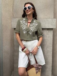 Solivie 女士优雅刺绣衬衫，春夏短袖衬衫，度假优雅波西米亚风夏季外出上衣 - 綠色 - 查看 4