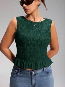 LYSMO 大码女式波西米亚风弹力褶皱红色吊带背心 - 墨綠色 - 查看 4