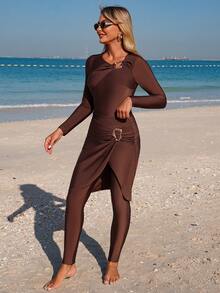 Swim Mulvari 3件套女士连体长袖拉链口袋金属装饰泳衣，长款弹力腰泳裤，不对称下摆裙摆布基尼套装，春夏保守泳装，女士棕色长袖泳衣，棕色连体泳衣，女士棕色泳装，女士棕色两件套 - 棕色 - 查看 5