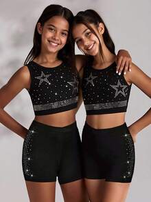 2pcs/Set Tween Girls Crew Neck Cropped Tank Top With Rhinestone Decor On Front, Criss-Cross Waist Elastic Waist Shorts With Rhinestone Decor On Side, Stretchy & Soft For Running, Cycling, Workout, Casual Wear - Black - View 1