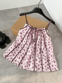 SHEIN Frenchy 女士印花休闲百搭度假约会吊带背心，法式雏菊印花抽绳吊带背心，撞色滚边设计，轻盈雪纺拼接撞色吊带背心，夏季新款，粉色上衣，女士印花上衣，夏季假日，女士度假，波西米亚风上衣，优雅 - 粉色 - 查看 4