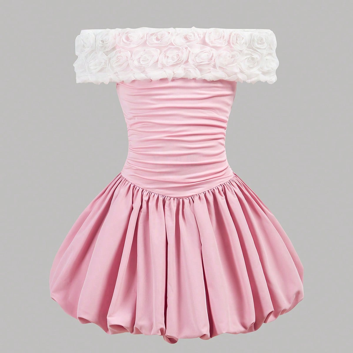 Vestido de túnica sin hombros de color rosa y blanco con flores 3D para niñas preadolescentes - Vestido de verano casual con tela de flores 3D