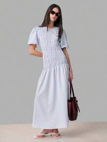 Nöista This Light Blue Striped Dress, Puff Sleeves, A Ruched Bodice With Smocking Details, And A Flowing Asymmetrical Shape. Women, Spring, Summer Outfit. - Blue - View 1