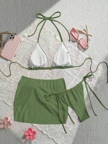 Swim Mod Bộ 3 món gồm áo bikini tam giác buộc dây cổ và váy ngắn màu trơn dành cho nữ, thích hợp mặc mùa hè. - màu xanh lá - Xem 2