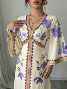 Yasmyna 女士印花V领喇叭袖优雅连衣裙，度假款 - 紫色 - 查看 4