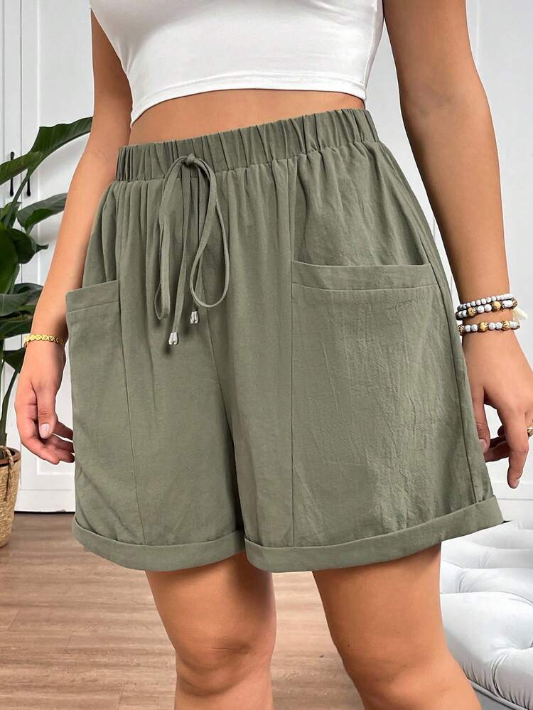 SHEIN Tall CURVE Women's Plus Size Fashionable Casual Loose Shorts With Pocket Design,Vacation,Summer,Beach Shorts,Carnival Costume,Summer,Going Out,Casual,Beach Vacation - Army Green - View 5