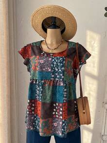 Rusticease Blusa de manga corta con estampado de patchwork, casual y de talla grande para el verano de mujeres - Multicolor - Ver 5
