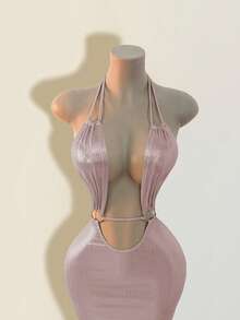 Mistrie 度假海滩性感纯色露背吊带裙 - 淺粉色 - 查看 5